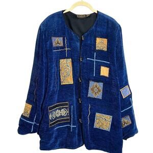 Allure Womens Cardigan Jacket 18/20 Blue Textured Woven Patchwork Rayon